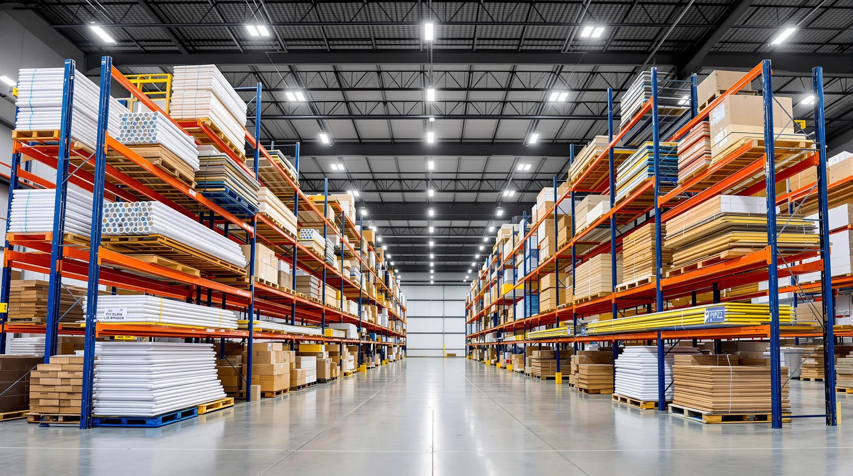 Heavy-duty structural cantilever rack storing pipe, steel, and lumber bundles in a Chesapeake, VA industrial distributor