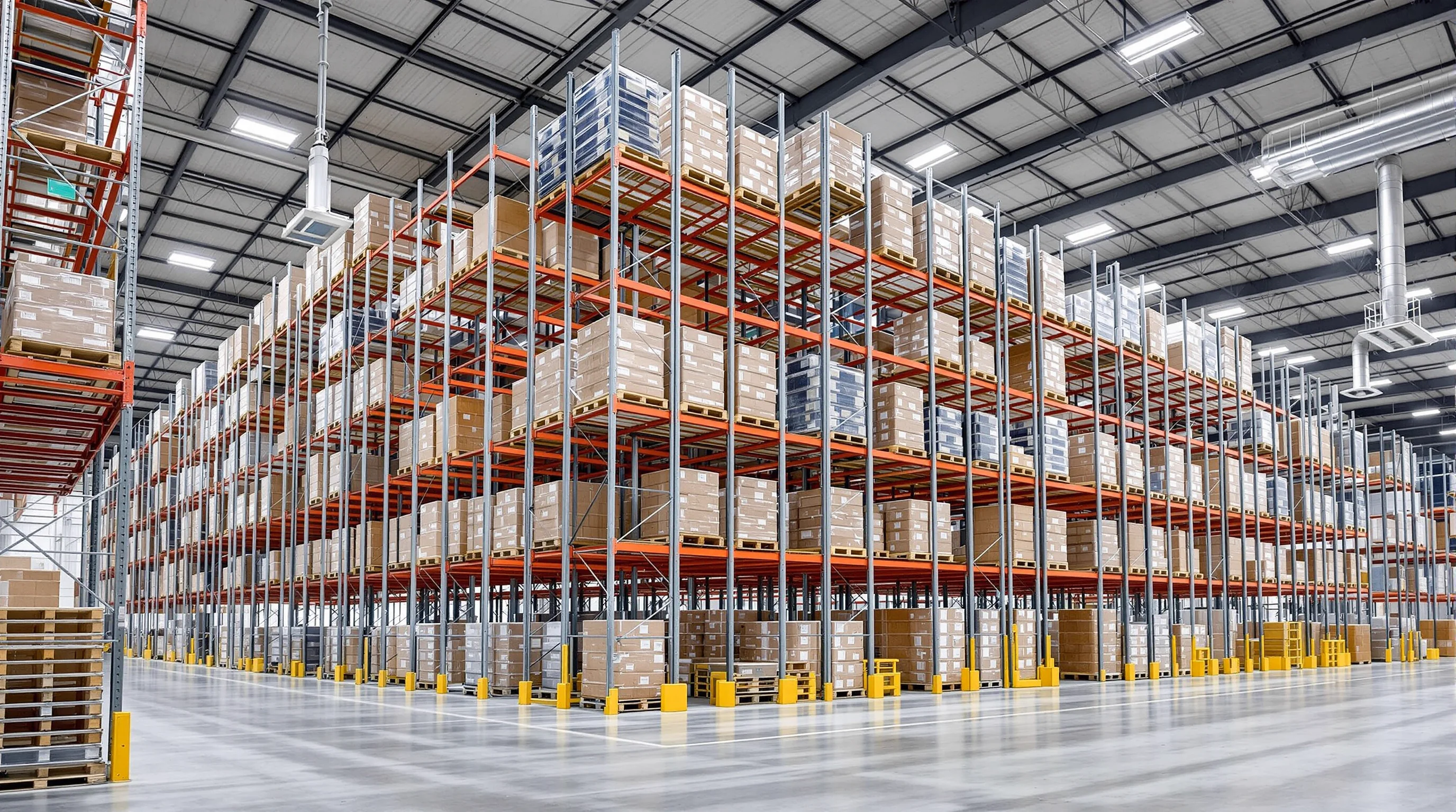 Pushback pallet rack system with nested carts and inclined rails in a Chesapeake, VA warehouse